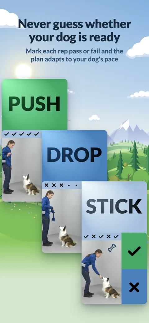 Never guess whether your dog is ready. Mark each rep pass or fail and the plan adapts to your dog's pace.