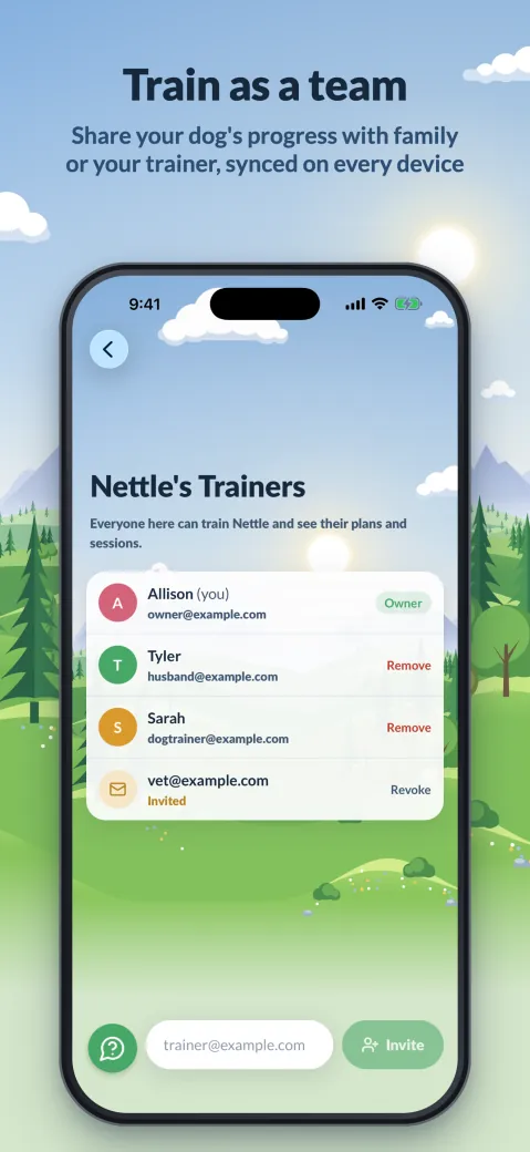 Train as a team. Share your dog's progress with family or your trainer, synced on every device.